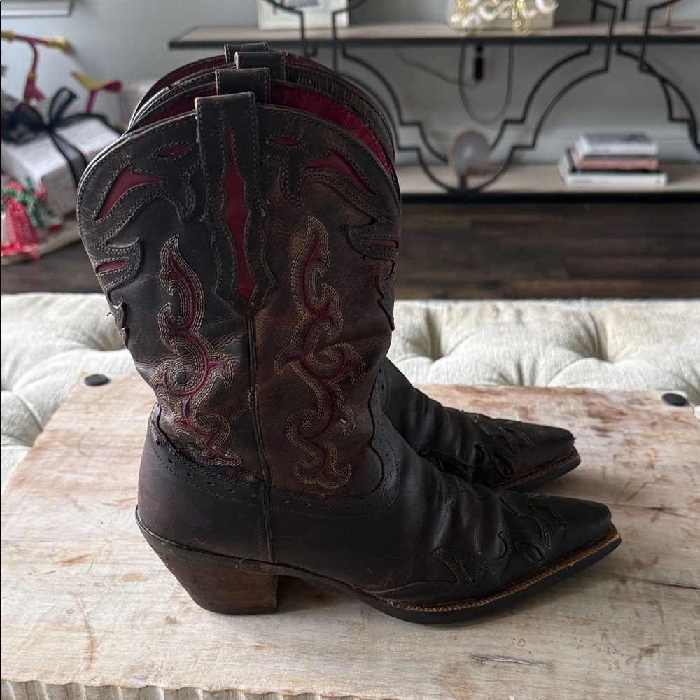 Ariat Brown Leather Western Heeled Boots with Red Accents - Picture 5 of 7
